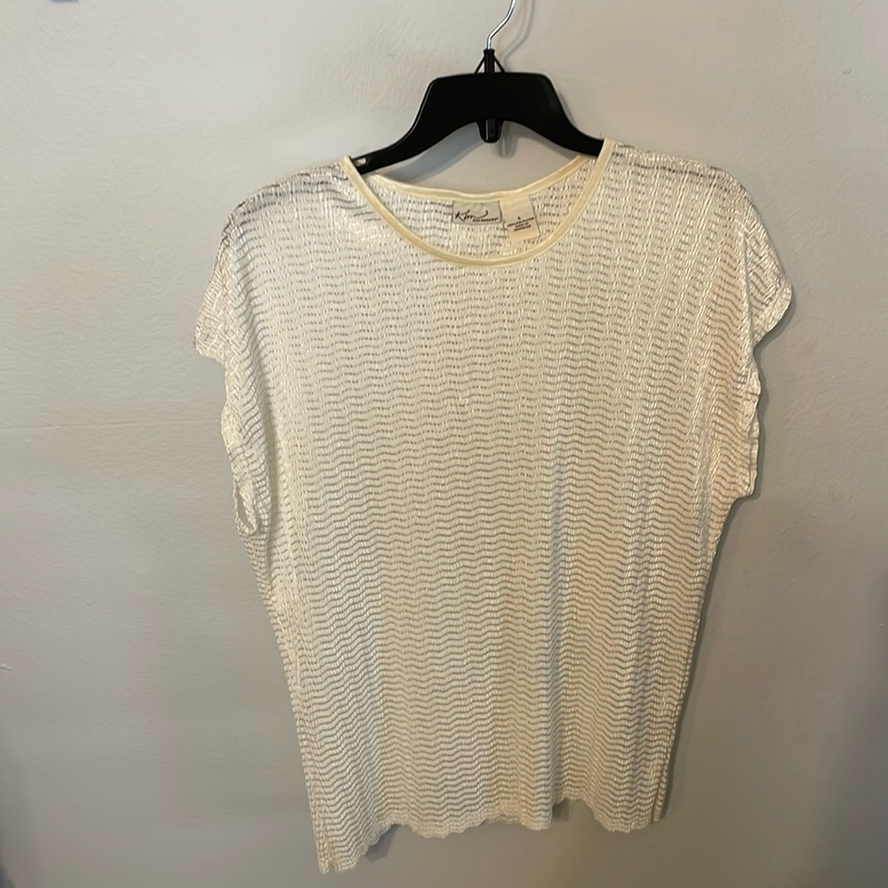 Kim Cream Polyester Blouse, Great under a suit, puckered sateen look, size L